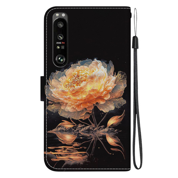 For Sony Xperia 1 III Crystal Texture Colored Drawing Leatherette Phone Case(Gold Peony)