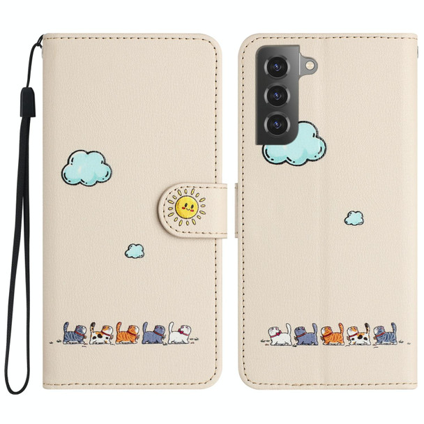 For Samsung Galaxy S21 5G Cartoon Cats Leatherette Phone Case(Beige White)