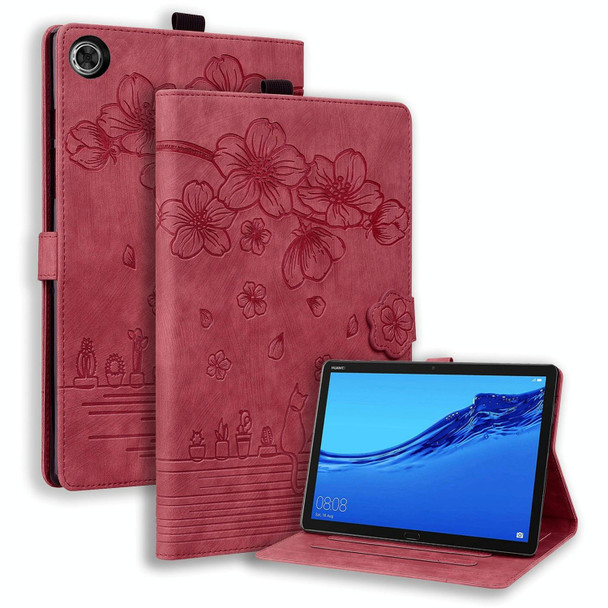 For Lenovo Tab M10 Plus 3rd Gen 2022 Cartoon Sakura Cat Embossed Leatherette Tablet Case(Red)