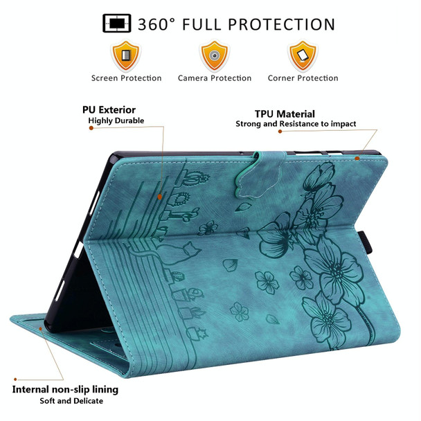 For Lenovo Tab M10 Plus 3rd Gen 2022 Cartoon Sakura Cat Embossed Leatherette Tablet Case(Green)