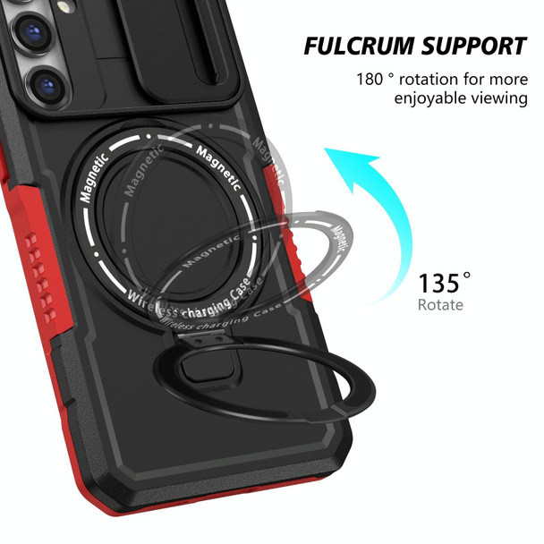 For Samsung Galaxy S23 FE 5G Sliding Camshield Magsafe Holder TPU Hybrid PC Phone Case(Black Red)