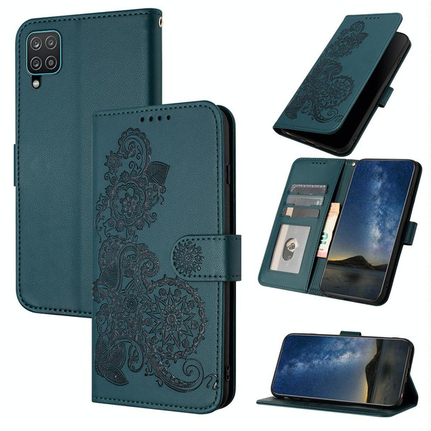 For Samsung Galaxy A12 Datura Flower Embossed Flip Leatherette Phone Case(Dark Green)