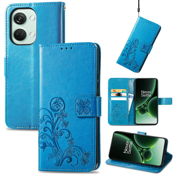 For OnePlus Nord 3 Four-leaf Clasp Embossed Buckle Leatherette Phone Case(Blue)