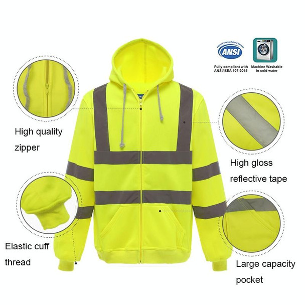 Reflective Hooded Zipper Sweatshirt Outdoor Sports Fleece Reflective Clothing, Size: XXL(Fluorescent Yellow)