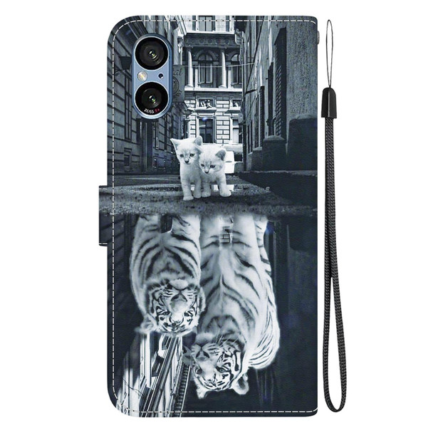 For Sony Xperia 5 V Crystal Texture Colored Drawing Leatherette Phone Case(Cat Tiger Reflection)