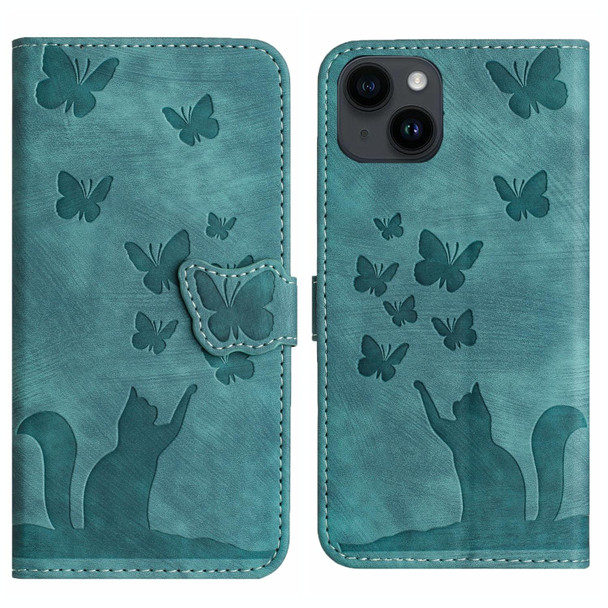 For iPhone 15 Butterfly Cat Embossing Flip Leatherette Phone Case(Wathet)