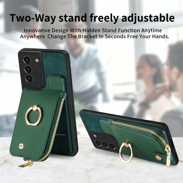 For Samsung Galaxy S21+ 5G Cross Leatherette Ring Vertical Zipper Wallet Back Phone Case(Green)