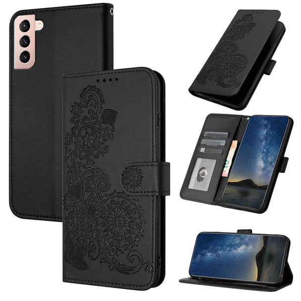 For Samsung Galaxy S21+ Datura Flower Embossed Flip Leatherette Phone Case(Black)