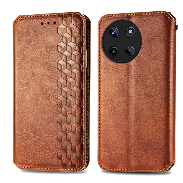 For Realme 11 4G Global Cubic Grid Pressed Magnetic Leatherette Phone Case(Brown)