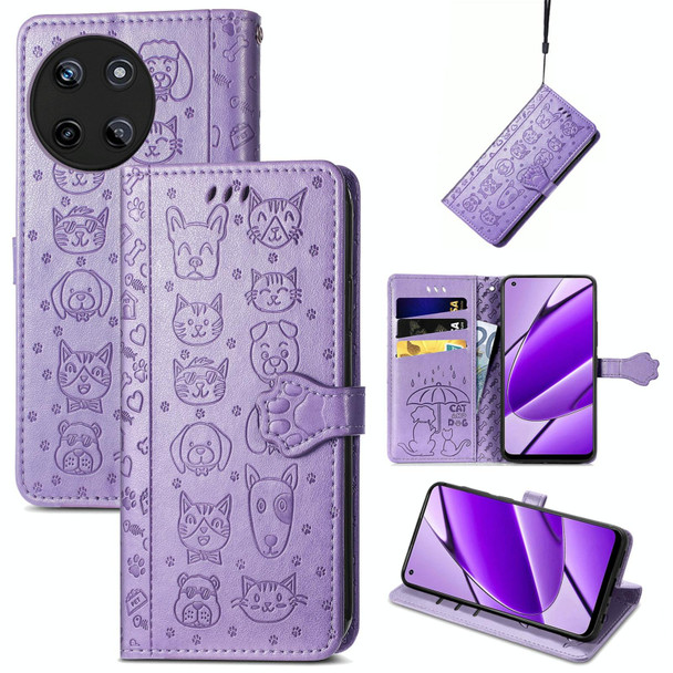 For Realme 11 4G Global Cat and Dog Embossed Leatherette Phone Case(Purple)