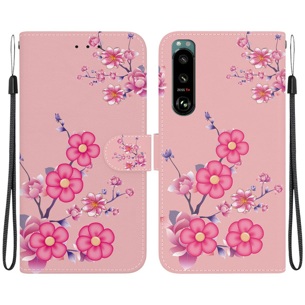 For Sony Xperia 5 III Crystal Texture Colored Drawing Leatherette Phone Case(Cherry Blossoms)