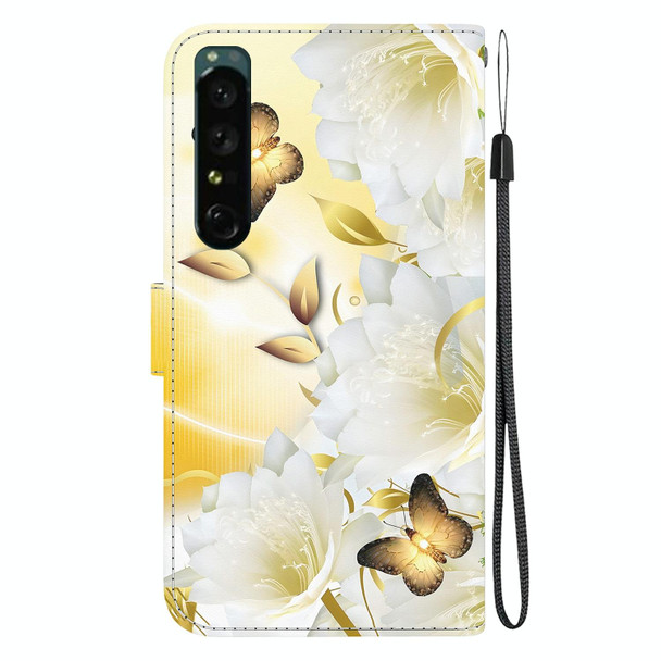 For Sony Xperia 1 IV Crystal Texture Colored Drawing Leatherette Phone Case(Gold Butterfly Epiphyllum)