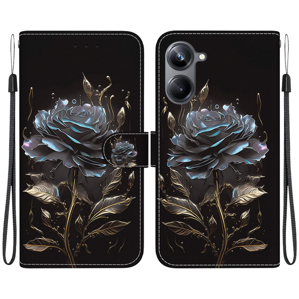 For Realme 10 Pro 5G Crystal Texture Colored Drawing Leatherette Phone Case(Black Rose)