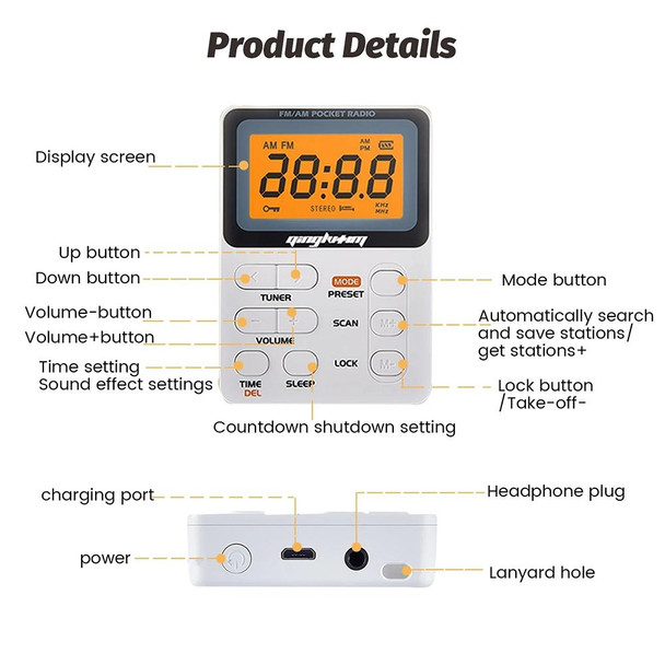 SH-01 LED Display Portable FM/AM Two-band Radio Special for Listening Tests, Style: JPN Version(White)