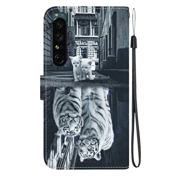 For Sony Xperia 1 IV Crystal Texture Colored Drawing Leatherette Phone Case(Cat Tiger Reflection)