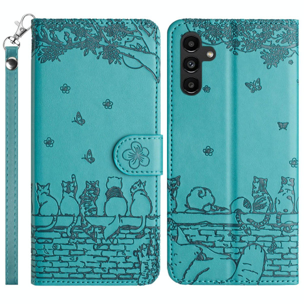 For Samsung Galaxy S23 FE Cat Embossing Pattern Leatherette Phone Case with Lanyard(Blue)