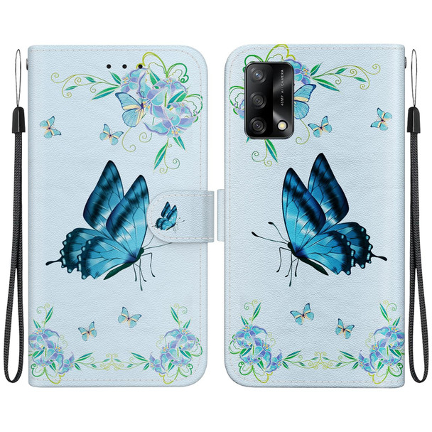 For OPPO A74 4G / F19 4G Crystal Texture Colored Drawing Leatherette Phone Case(Blue Pansies)