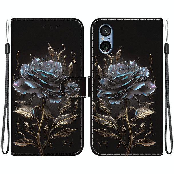 For Sony Xperia 5 V Crystal Texture Colored Drawing Leatherette Phone Case(Black Rose)