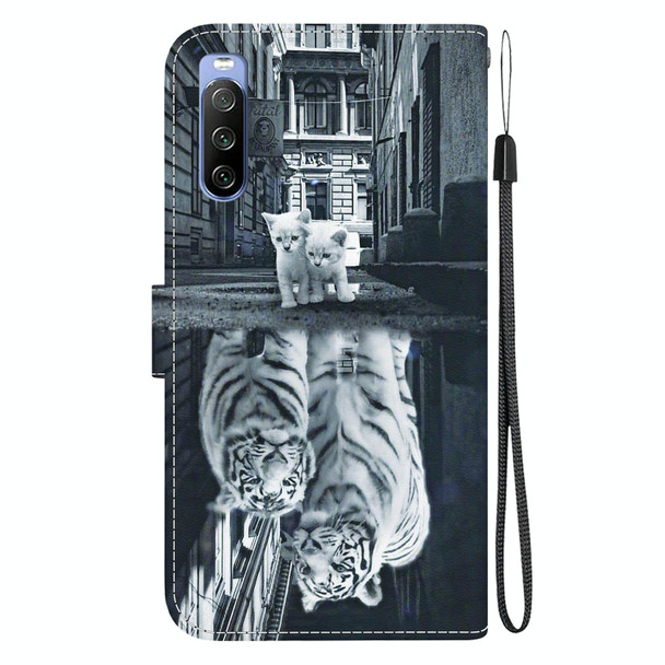 For Sony Xperia 10 III Crystal Texture Colored Drawing Leatherette Phone Case(Cat Tiger Reflection)