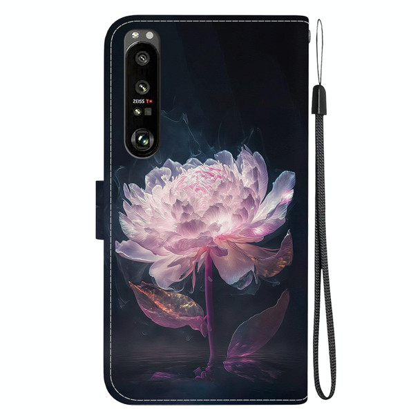 For Sony Xperia 1 III Crystal Texture Colored Drawing Leatherette Phone Case(Purple Peony)