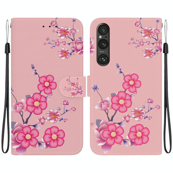 For Sony Xperia 1 V 2023 Crystal Texture Colored Drawing Leatherette Phone Case(Cherry Blossoms)