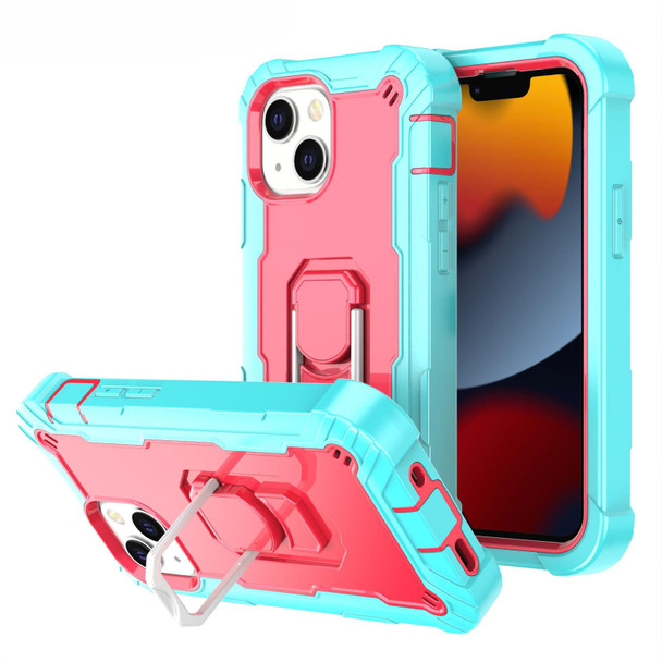 PC + Rubber 3-layers Shockproof Protective Case with Rotating Holder - iPhone 13(Mint Green + Rose Red)