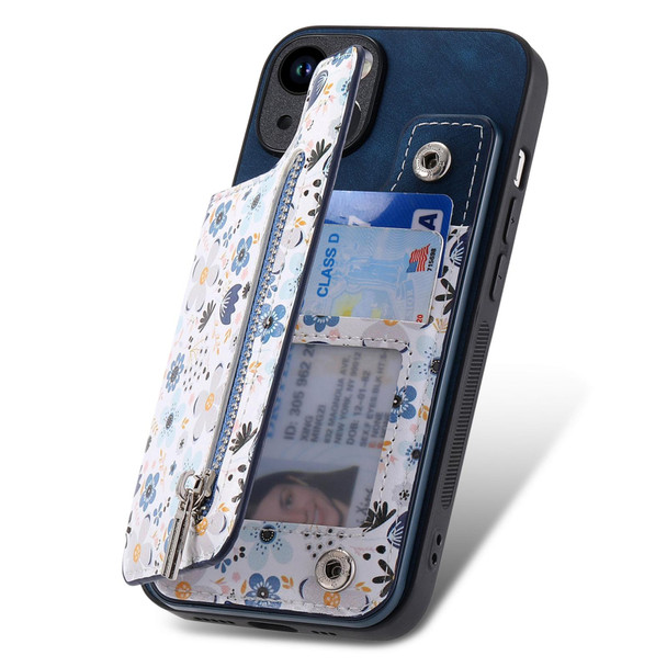 For iPhone XR Retro Painted Zipper Wallet Back Phone Case(Blue)