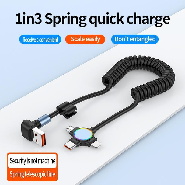 66W 3 in 1 USB Elbow to 8 Pin + Micro USB + USB-C / Type-C Fast Charging Spring Cable(Black)