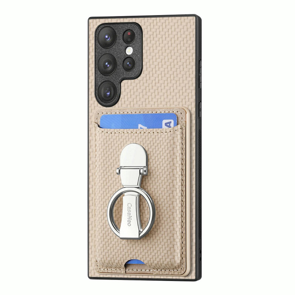 For Samsung Galaxy S22 Ultra 5G Carbon Fiber Card Wallet Folding Ring Holder Phone Case(Khaki)