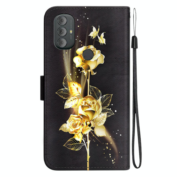 For Motorola Moto G Power 2022 Crystal Texture Colored Drawing Leatherette Phone Case(Gold Butterfly Rose)
