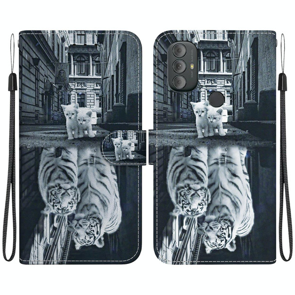 For Motorola Moto G Power 2022 Crystal Texture Colored Drawing Leatherette Phone Case(Cat Tiger Reflection)