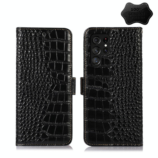 For Samsung Galaxy S22 Ultra 5G Crocodile Top Layer Cowhide Leatherette Phone Case(Black)