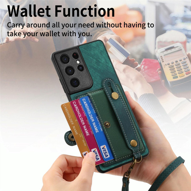 For Samsung Galaxy S21 Ultra 5G Retro Cross Wristband Wallet Leatherette Back Phone Case(Green)