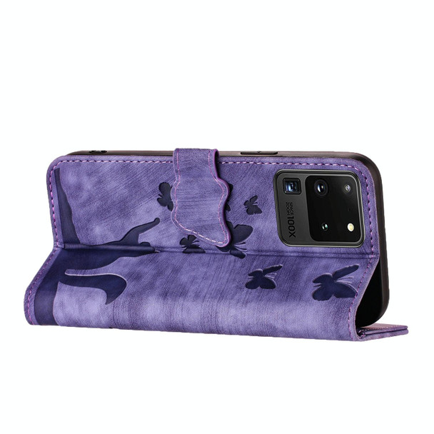 For Samsung Galaxy S20 Ultra Butterfly Cat Embossing Flip Leatherette Phone Case(Purple)