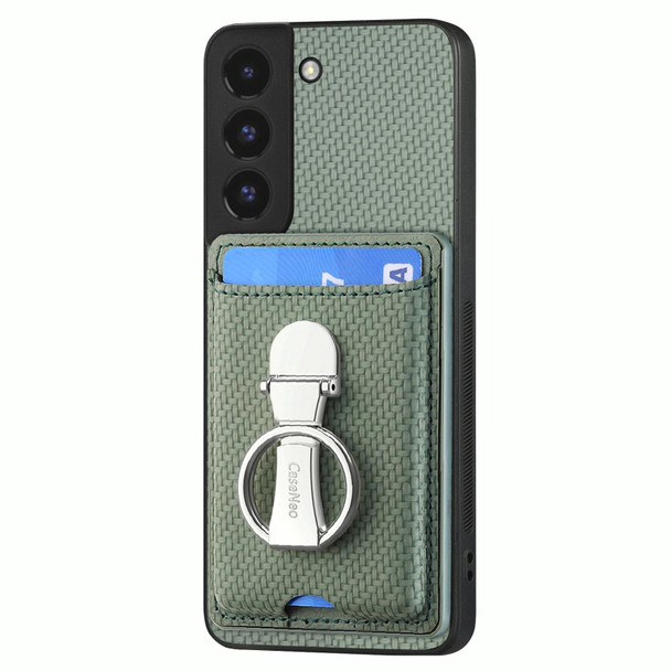 For Samsung Galaxy S22 5G Carbon Fiber Card Wallet Folding Ring Holder Phone Case(Green)
