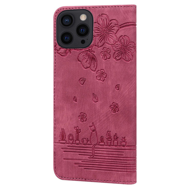 For iPhone 15 Pro Max Cartoon Sakura Cat Embossed Leatherette Phone Case(Wine Red)
