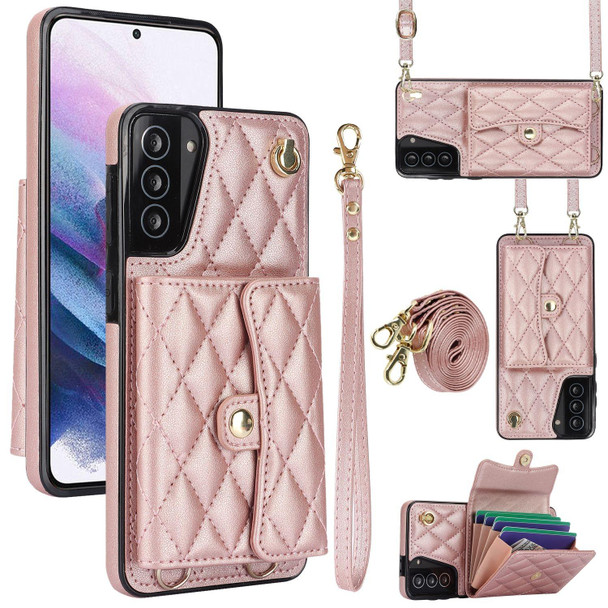 For Samsung Galaxy S21 FE 5G Crossbody Rhombic Horizontal Wallet Leatherette Phone Case(Rose Gold)