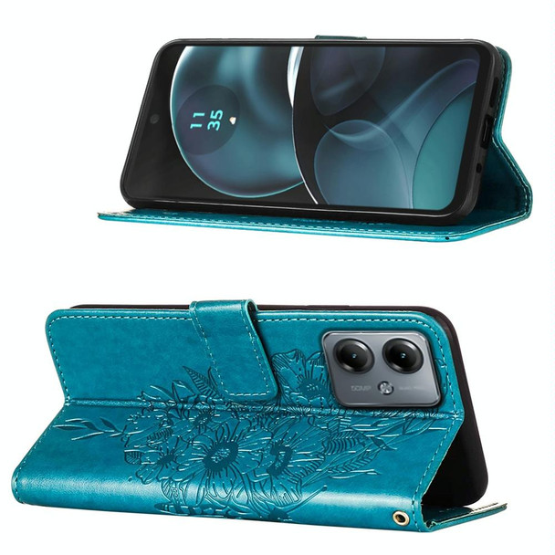 For Motorola Moto G14 Embossed Butterfly Leatherette Phone Case(Blue)