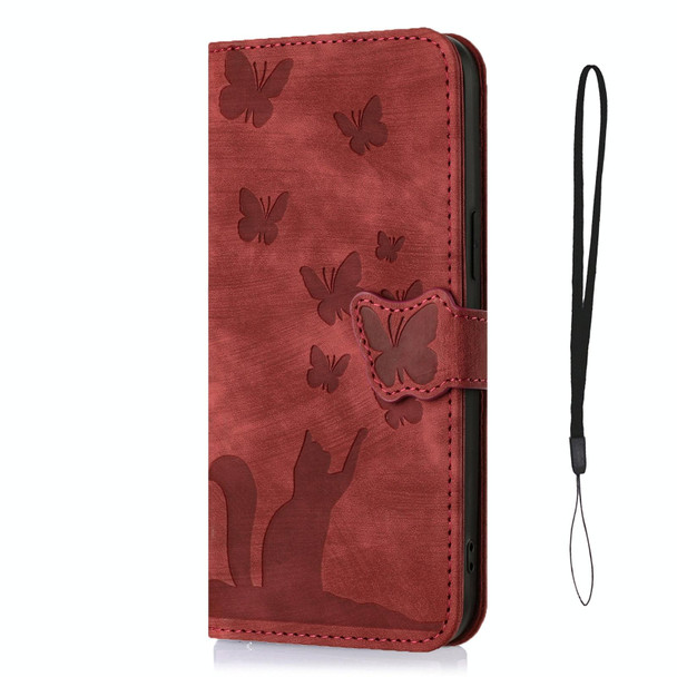 For Samsung Galaxy S22 Ultra 5G Butterfly Cat Embossing Flip Leatherette Phone Case(Red)