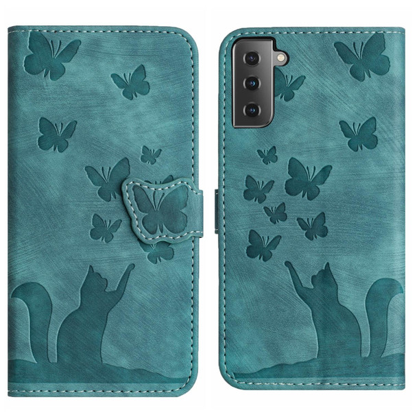 For Samsung Galaxy S21 5G Butterfly Cat Embossing Flip Leatherette Phone Case(Wathet)