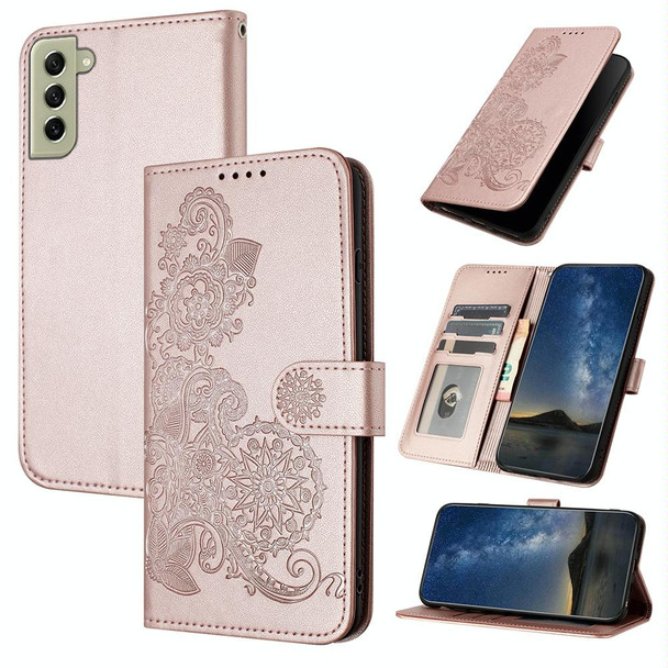 For Samsung Galaxy S22+ Datura Flower Embossed Flip Leatherette Phone Case(Rose Gold)