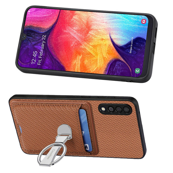 For Samsung Galaxy A50 / A50s /A30s Carbon Fiber Card Wallet Folding Ring Holder Phone Case(Brown)