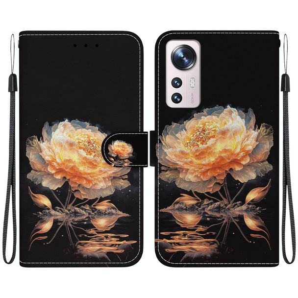 For Xiaomi 12 Pro Crystal Texture Colored Drawing Leather Phone Case(Gold Peony)