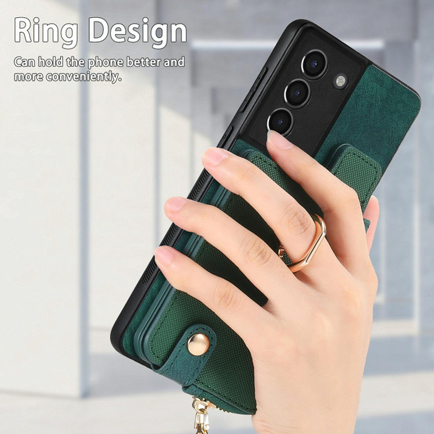 For Samsung Galaxy S21 5G Cross Leatherette Ring Vertical Zipper Wallet Back Phone Case(Green)