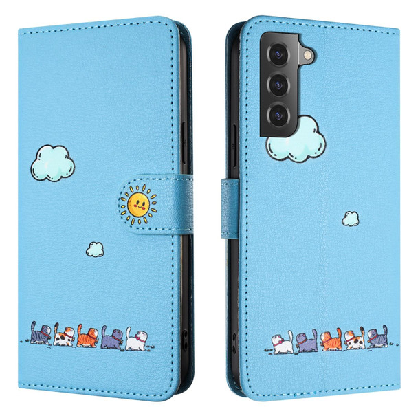 For Samsung Galaxy S21 5G Cartoon Cats Leatherette Phone Case(Blue)