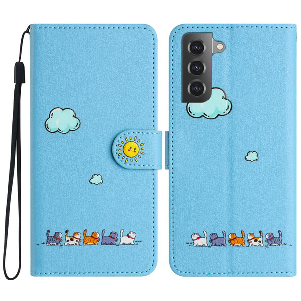 For Samsung Galaxy S21 5G Cartoon Cats Leatherette Phone Case(Blue)