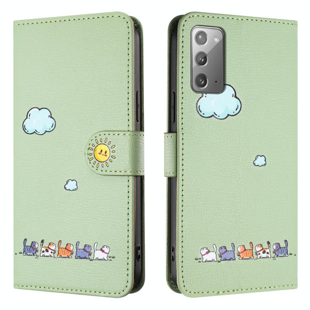 For Samsung Galaxy Note20 Cartoon Cats Leatherette Phone Case(Green)