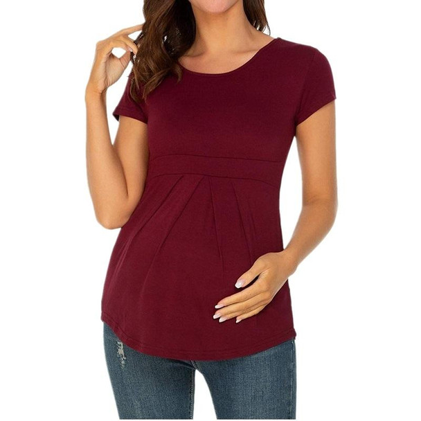 Ruffle Shirt Pleated Maternity Blouse With Short Sleeves (Color:Wine Red Size:L)