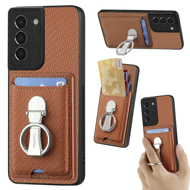 For Samsung Galaxy S21 5G Carbon Fiber Card Wallet Folding Ring Holder Phone Case(Brown)
