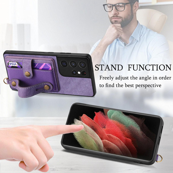 For Samsung Galaxy S21 Ultra 5G Retro Cross Wristband Wallet Leatherette Back Phone Case(Purple)